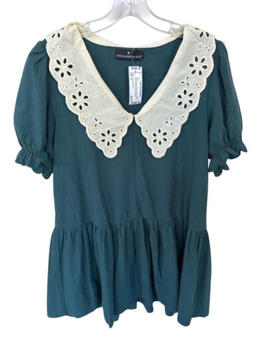 Pomander Place Size S Teal & Cream Cotton Short Balloon Sleeve Bib Dress Teal & Cream / S