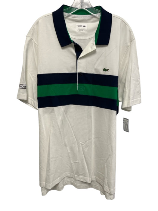 Lacoste NWT Size 43L White & Navy Cotton Blend Striped Polo Men's Short Sleeve White & Navy / 43L