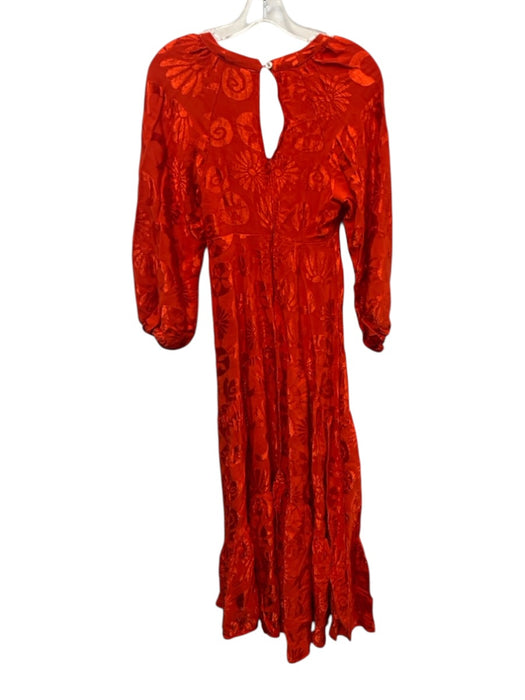 Farm Rio Size XXS Red Orange Viscose Long Sleeve Reflective Floral Dress Red Orange / XXS