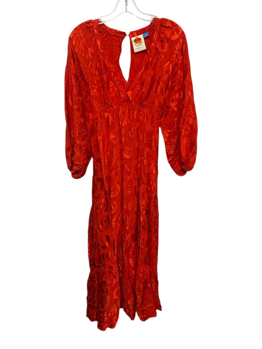 Farm Rio Size XXS Red Orange Viscose Long Sleeve Reflective Floral Dress Red Orange / XXS