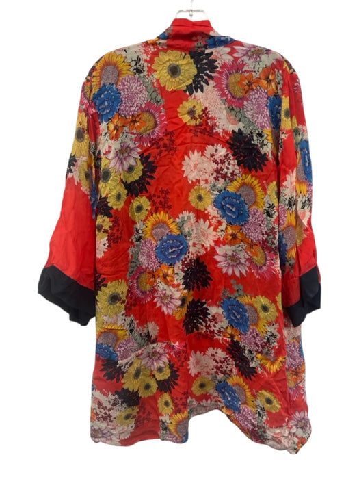 Johnny Was Size L Red & Multi Silk 3/4 Sleeve Floral Patchwork Midi Kimono Red & Multi / L