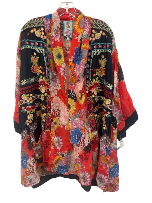 Johnny Was Size L Red & Multi Silk 3/4 Sleeve Floral Patchwork Midi Kimono Red & Multi / L