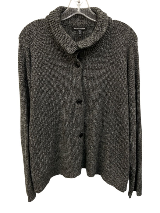 Eileen Fisher Size L Gray & Black Cotton Chunky Knit Folded Collar Cardigan Gray & Black / L