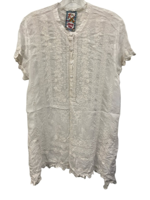 Johnny Was Size L White Cupra Rayon Short Sleeve Embroidered Design Mini Dress White / L