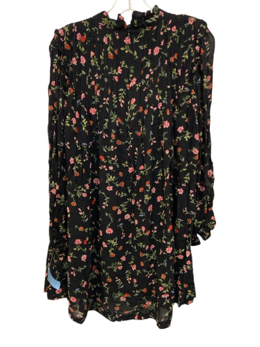 Ganni Size 38 Black & Multi Viscose Long Sleeve Floral high neck Mini Dress Black & Multi / 38
