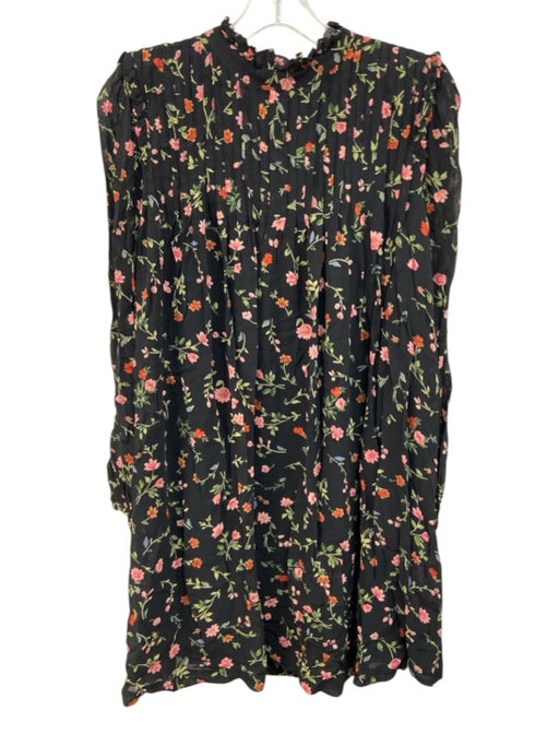 Ganni Size 38 Black & Multi Viscose Long Sleeve Floral high neck Mini Dress Black & Multi / 38