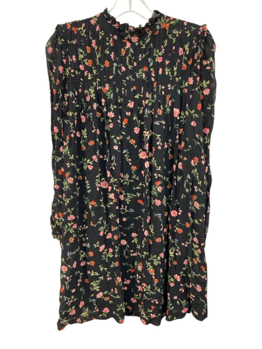 Ganni Size 38 Black & Multi Viscose Long Sleeve Floral high neck Mini Dress Black & Multi / 38