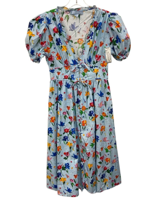 Hill House Size S Blue & Multi Cotton Floral Tie Front Short Sleeve Midi Dress Blue & Multi / S