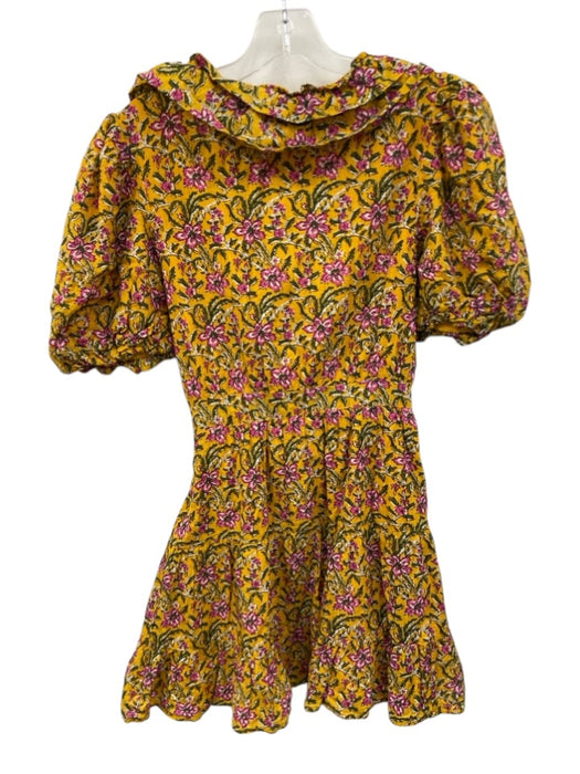 RAHI Size S Mustard Yellow, Pink, Green Cotton Surplice Floral Half Sleeve Dress Mustard Yellow, Pink, Green / S