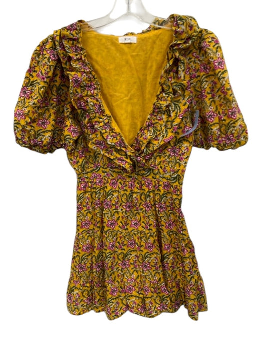 RAHI Size S Mustard Yellow, Pink, Green Cotton Surplice Floral Half Sleeve Dress Mustard Yellow, Pink, Green / S