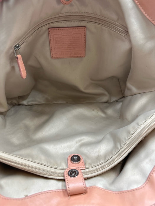 Coach Peach Pink Leather Perforated Logo Magnetic Snap Closure Two Strap Bag Peach Pink