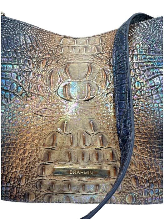 Brahmin Blue & Beige Leather Croc Embossed Zip Top Chain Detail Crossbody Bag Blue & Beige