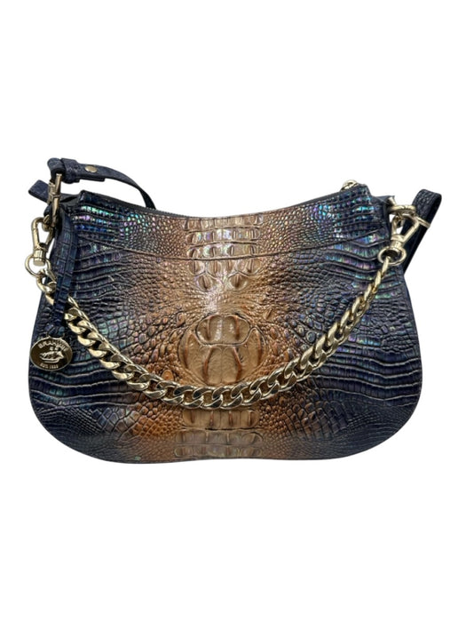 Brahmin Blue & Beige Leather Croc Embossed Zip Top Chain Detail Crossbody Bag Blue & Beige