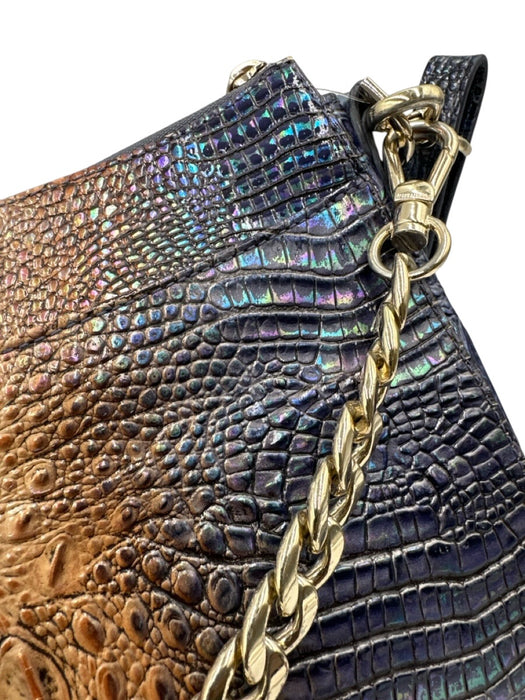 Brahmin Blue & Beige Leather Croc Embossed Zip Top Chain Detail Crossbody Bag Blue & Beige