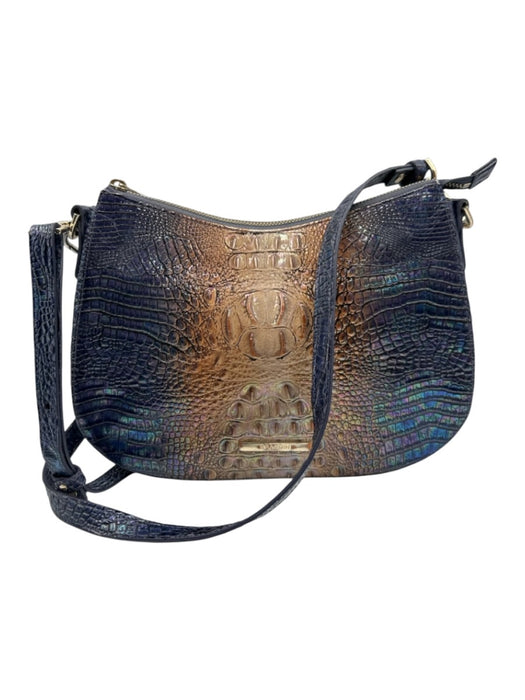 Brahmin Blue & Beige Leather Croc Embossed Zip Top Chain Detail Crossbody Bag Blue & Beige