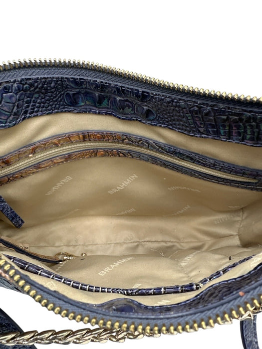 Brahmin Blue & Beige Leather Croc Embossed Zip Top Chain Detail Crossbody Bag Blue & Beige