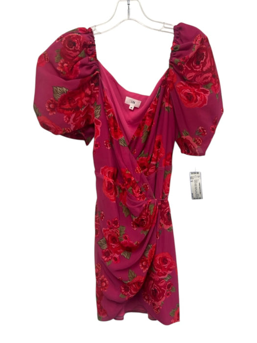 LPA Size M Purple & Multi Polyester Open Short Puff Sleeve Roses Dress Purple & Multi / M