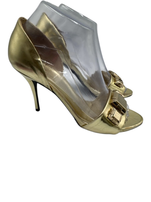 Gucci Shoe Size 37C Gold Leather Jeweled Stilletto Open Toe Pumps Gold / 37C