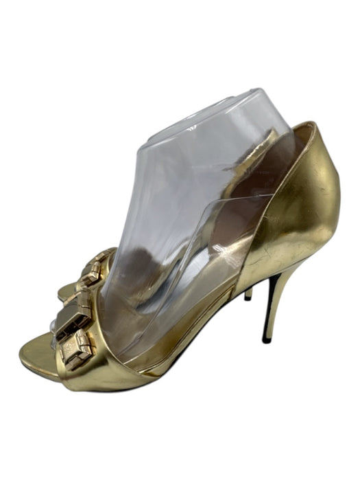 Gucci Shoe Size 37C Gold Leather Jeweled Stilletto Open Toe Pumps Gold / 37C