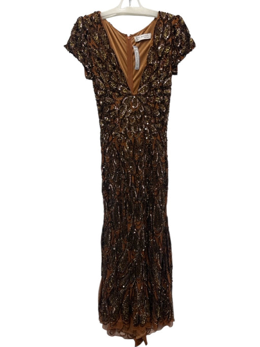 Mac Duggal Size 2 Brown & Gold Polyester Sequin & Beaded Tear Drop V Neck Gown Brown & Gold / 2