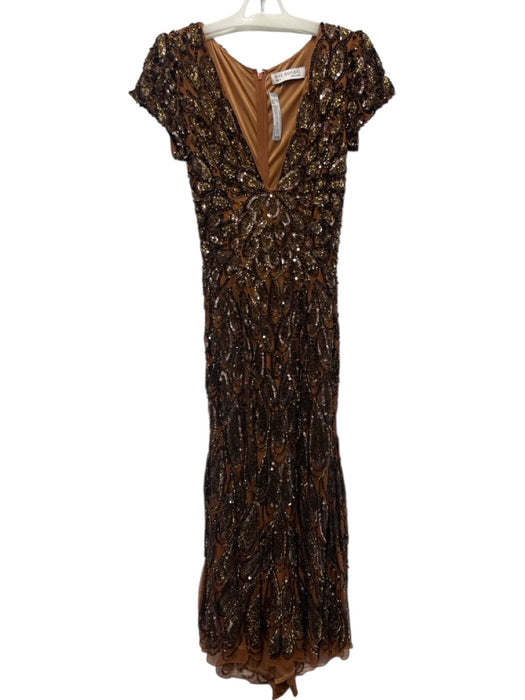Mac Duggal Size 2 Brown & Gold Polyester Sequin & Beaded Tear Drop V Neck Gown Brown & Gold / 2