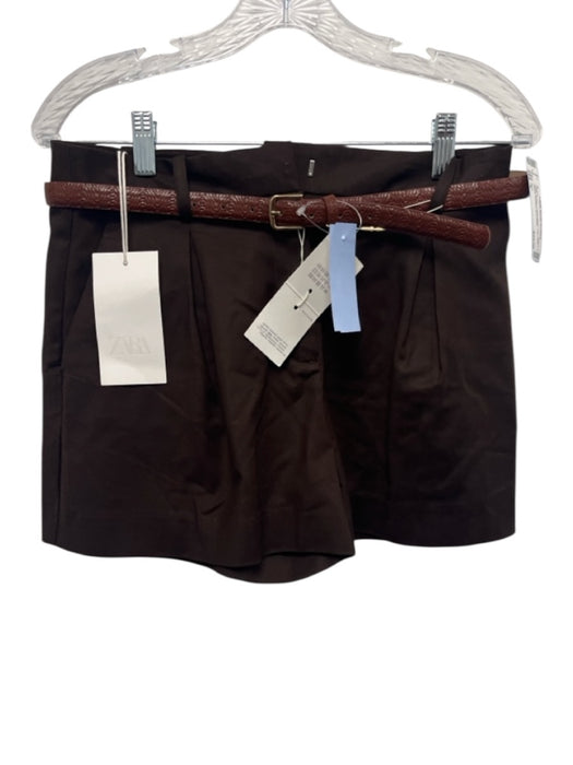 Zara Size S Brown Cotton Blend High Rise Belted Pleated Shorts Brown / S