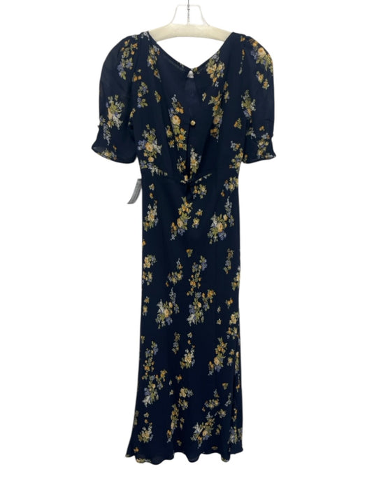 Reformation Size 2 navy blue, yellow, green Viscose Floral Open Back Midi Dress navy blue, yellow, green / 2