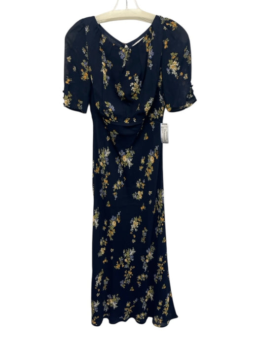 Reformation Size 2 navy blue, yellow, green Viscose Floral Open Back Midi Dress navy blue, yellow, green / 2