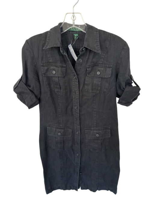 Lauren Ralph Lauren Size 2P Black Linen Short Sleeve Button Down Pockets Dress Black / 2P