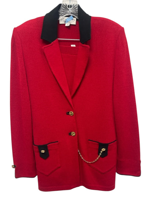 St. John Size 2/6 Red & Black No Fabric Tag Suede Collar Neck Skirt Set Red & Black / 2/6
