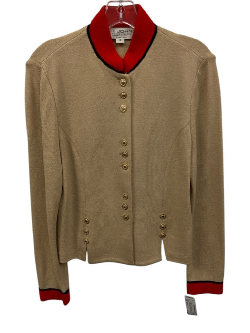 St. John Size 8 Beige, Red, & Black No Fabric Tag Mock Neck Gold button Jacket Beige, Red, & Black / 8