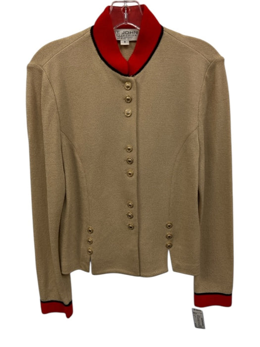 St. John Size 8 Beige, Red, & Black No Fabric Tag Mock Neck Gold button Jacket Beige, Red, & Black / 8