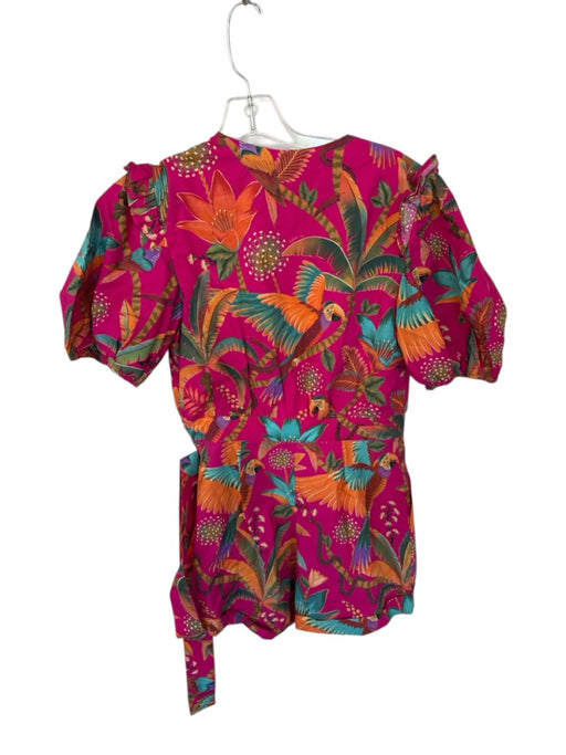Farm Rio Size S Hot Pink & Multi Viscose Short Balloon Sleeve Button Up Romper Hot Pink & Multi / S
