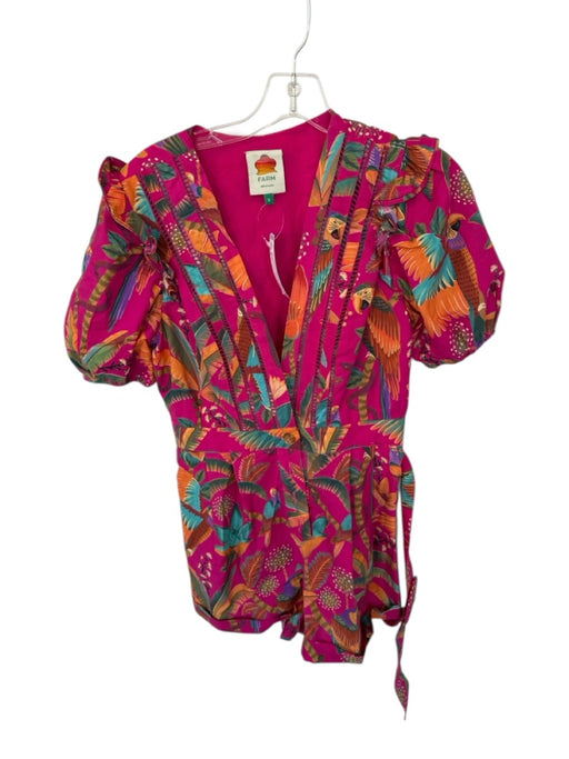 Farm Rio Size S Hot Pink & Multi Viscose Short Balloon Sleeve Button Up Romper Hot Pink & Multi / S
