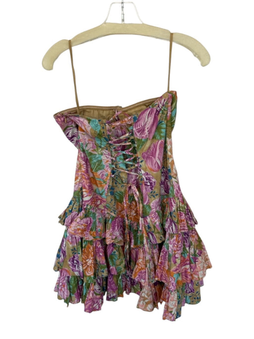 Love The Label Size M Pink & Green Cotton Floral Ruffle corset Strapless Dress Pink & Green / M