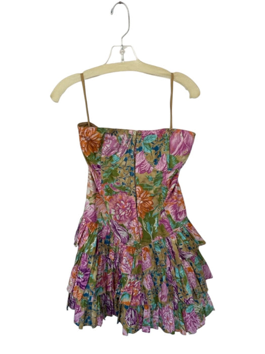 Love The Label Size M Pink & Green Cotton Floral Ruffle corset Strapless Dress Pink & Green / M