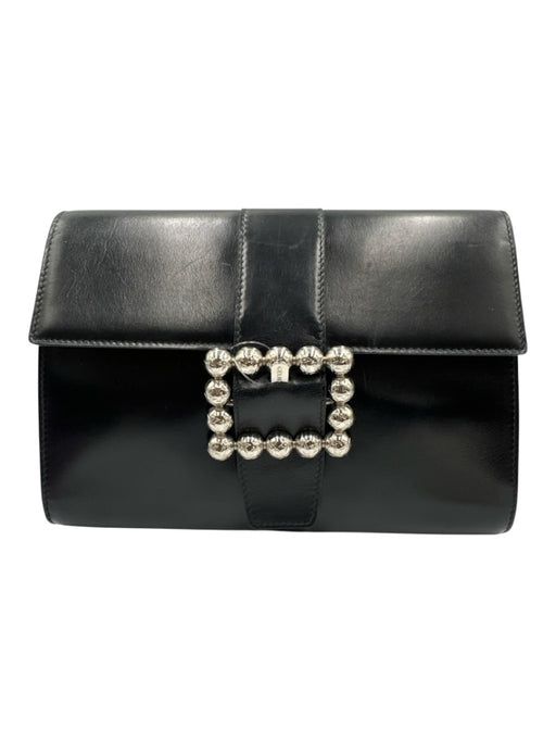 Celine Black Leather Silvertone hardware Clutch Black