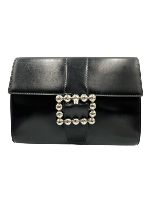 Celine Black Leather Silvertone hardware Clutch Black