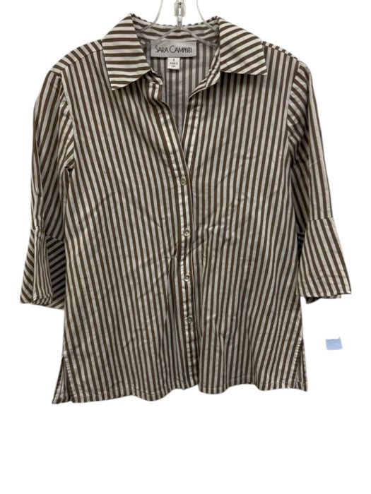 Sara Campbell Size S Brown & White Cotton Long Sleeve Stripe Trumpet Hem Top Brown & White / S