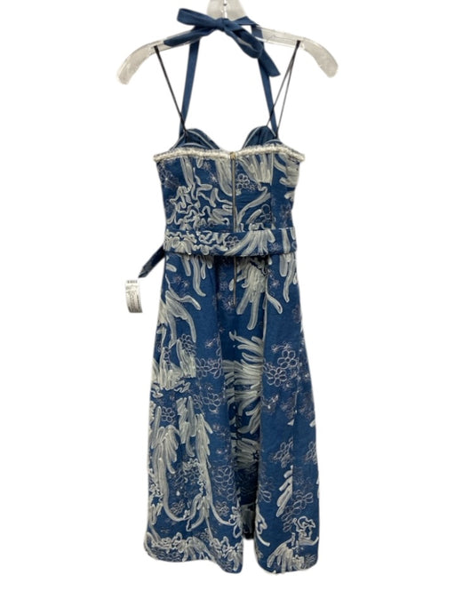 Elliatt Size S Blue Cotton Belted Waist Embellished Zip Back Tie Neck Dress Blue / S