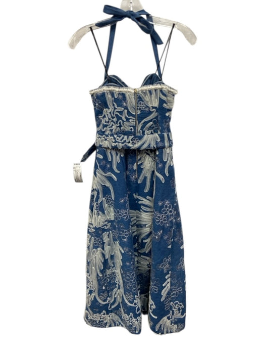 Elliatt Size S Blue Cotton Belted Waist Embellished Zip Back Tie Neck Dress Blue / S
