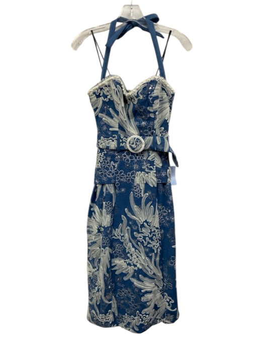 Elliatt Size S Blue Cotton Belted Waist Embellished Zip Back Tie Neck Dress Blue / S