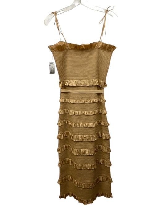 V. Chapman Size 6 Tan Poly Blend Tie Belt Tie Shoulder Maxi Ruffles Dress Tan / 6