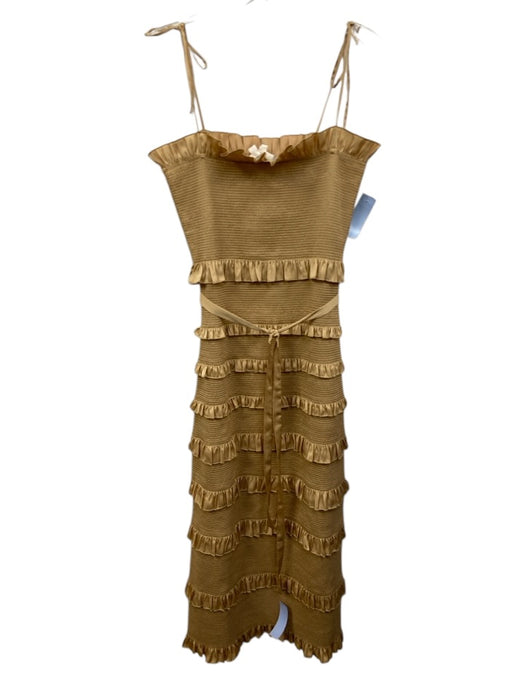 V. Chapman Size 6 Tan Poly Blend Tie Belt Tie Shoulder Maxi Ruffles Dress Tan / 6