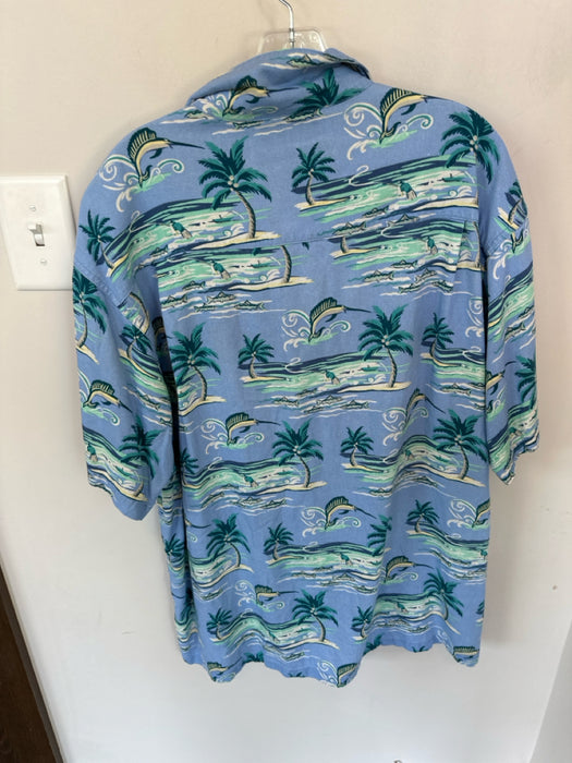 Columbia Vintage Size M Blue & Green Rayon Blend Palm Tree Button Down Shirt