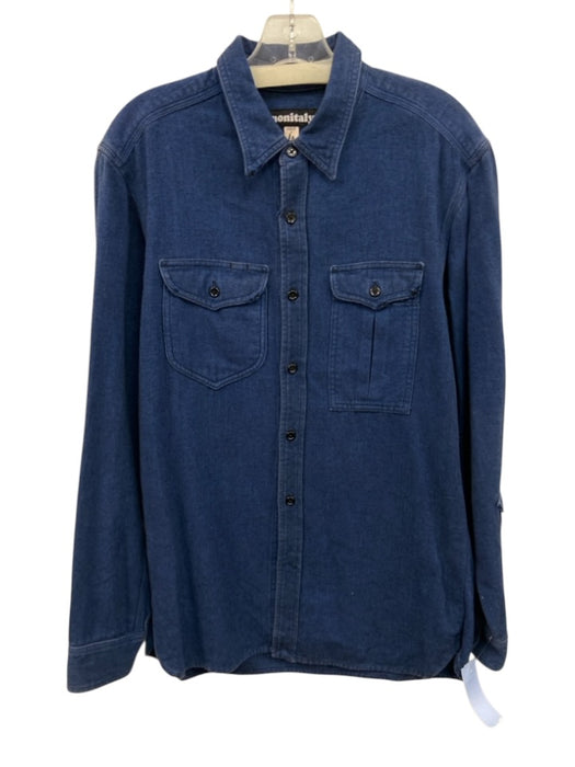Monitaly Size L Blue Cotton Herringbone Front Pocket Men's Long Sleeve Shirt Blue / L