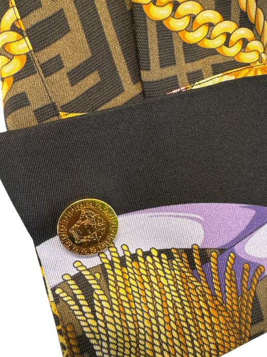 Fendace NWT Size 38 brown, gold, multi Silk zucca monogram fan print Shirt brown, gold, multi / 38
