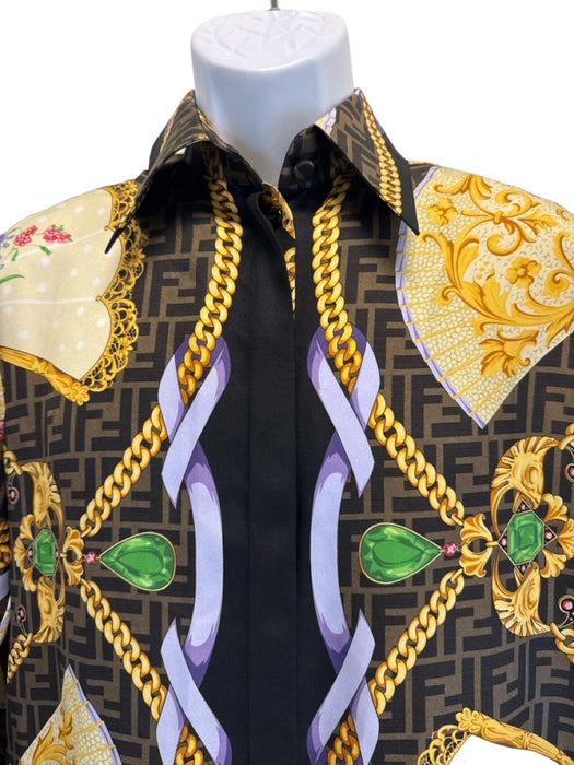 Fendace NWT Size 38 brown, gold, multi Silk zucca monogram fan print Shirt brown, gold, multi / 38