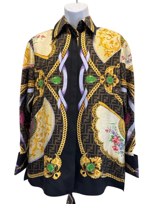 Fendace NWT Size 38 brown, gold, multi Silk zucca monogram fan print Shirt brown, gold, multi / 38