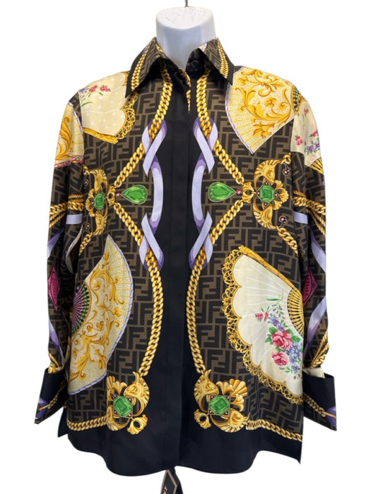 Fendace NWT Size 38 brown, gold, multi Silk zucca monogram fan print Shirt brown, gold, multi / 38